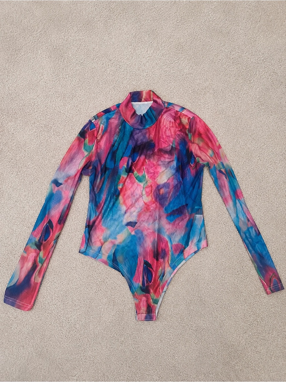 SHEIN Multicolor Long Sleeve Mesh Bodysuit in Blue & Pink